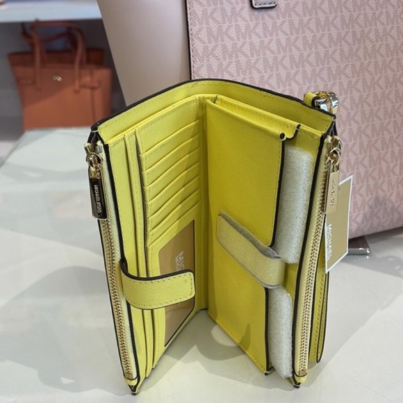 Michael Kors Jet Set Travel Large Double Zip Leather Wristlet Sunshine Yellow - Picture 13 of 16